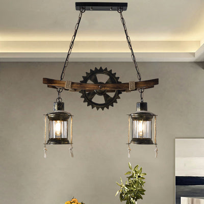 Retro Industrial Gear Iron Wooden Twine 2-Light Island Light Chandelier