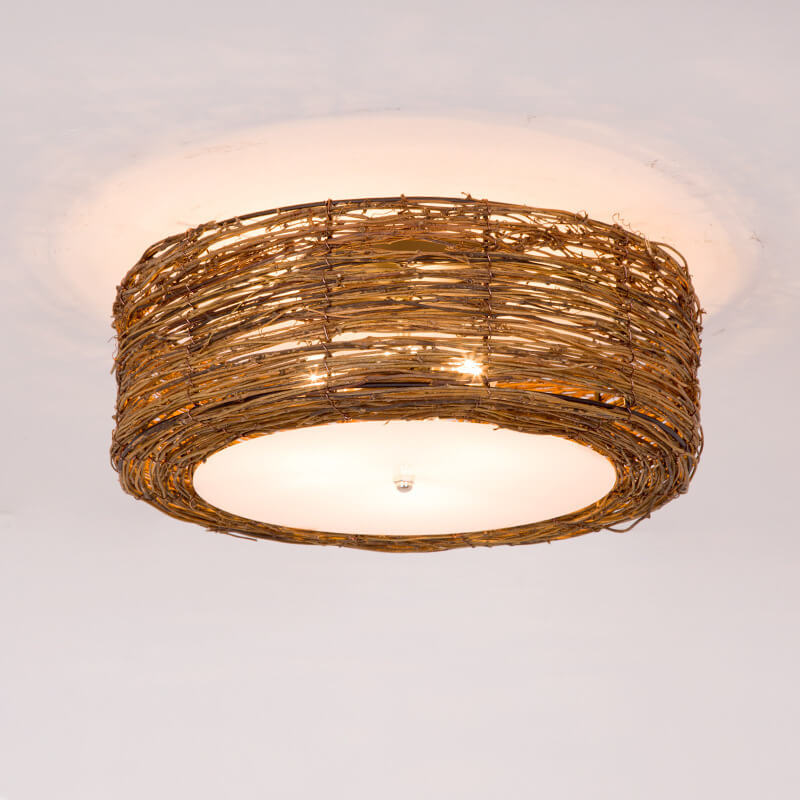 Vintage Rustic Rattan Weaving Round 1-Light Flush Mount Ceiling Light