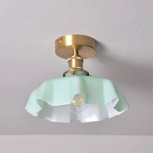 Japanese Vintage Cream Glass Floral Brass 1-Light Semi-Flush Mount Ceiling Light