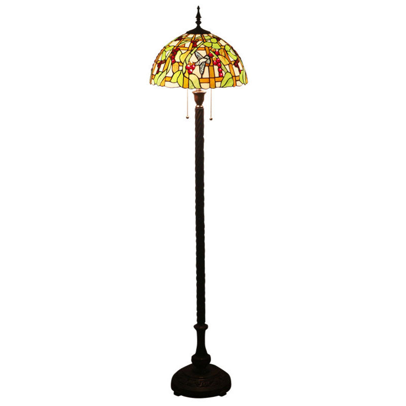 European Tiffany Fruit Bird Stained Glass Dome 2-Light Standing Floor Lamp