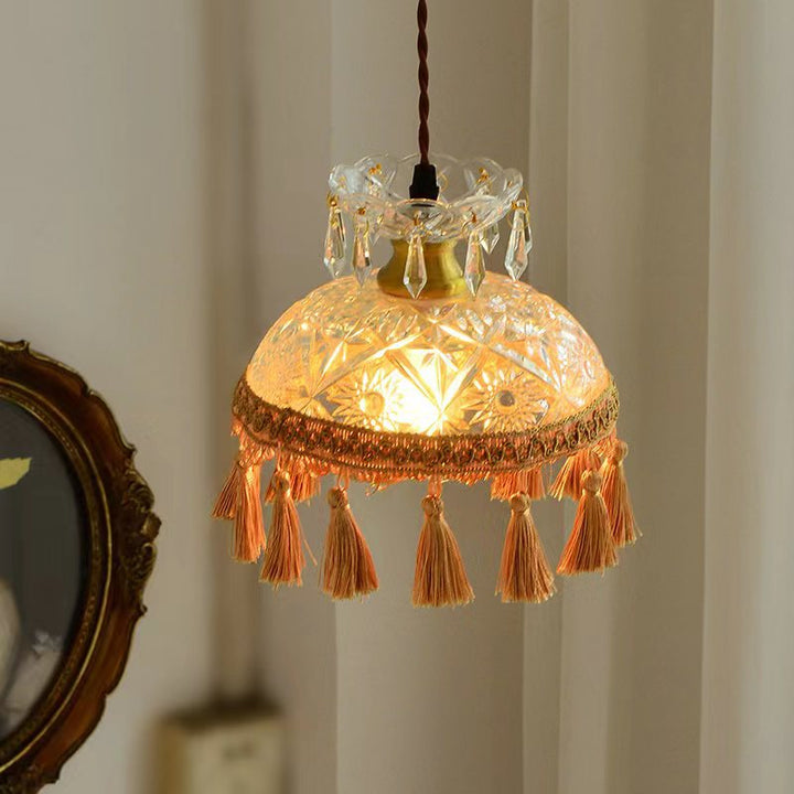 Traditional French Glass Copper Dome Tassel 1-Light Pendant Light For Living Room
