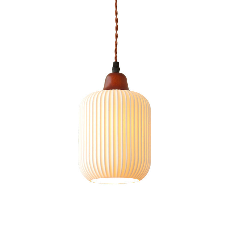 Japanese Vintage Pleated Ceramic Round Dome Wood 1-Light Pendant Light