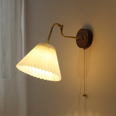 Nordic Vintage Walnut Brass Pleated Shade 1-Light Wall Sconce Lamp