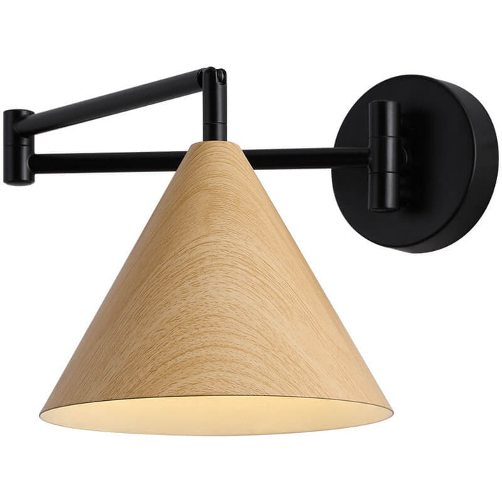 Moderne nordische 1-flammige Wandleuchte mit schwenkbarem Arm aus Eisen in Holzoptik in Kegelform fürs Schlafzimmer 