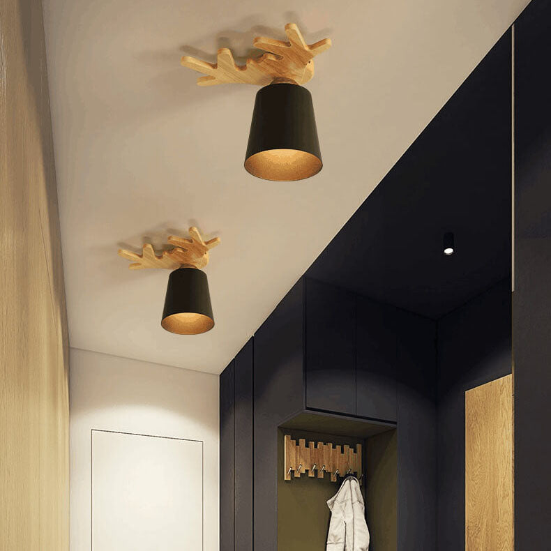 Contemporary Nordic Antler Wood Cone 1-Light Semi-Flush Mount Ceiling Light for Living Room