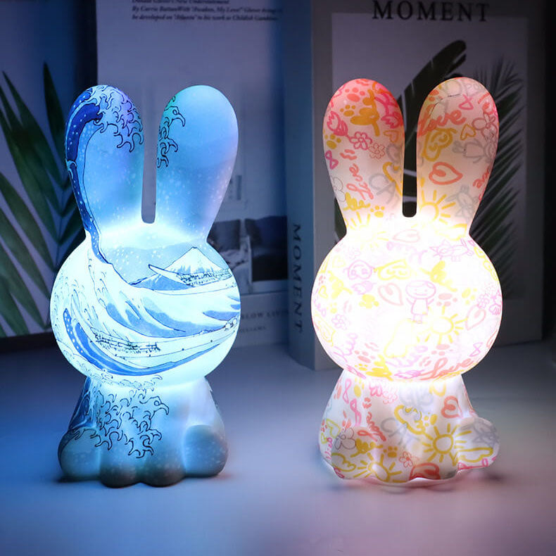Lámpara de mesa con luz nocturna LED de conejo arcoíris impreso en 3D pintado creativamente 