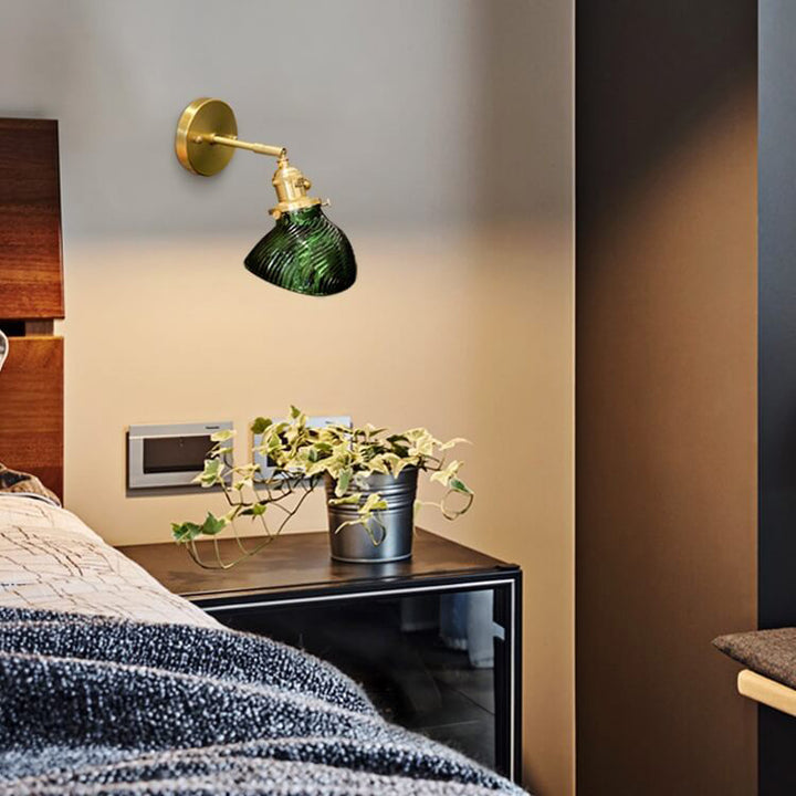 Vintage Emerald Glass Brass Straight Arm 1-Light Wall Sconce Lamp