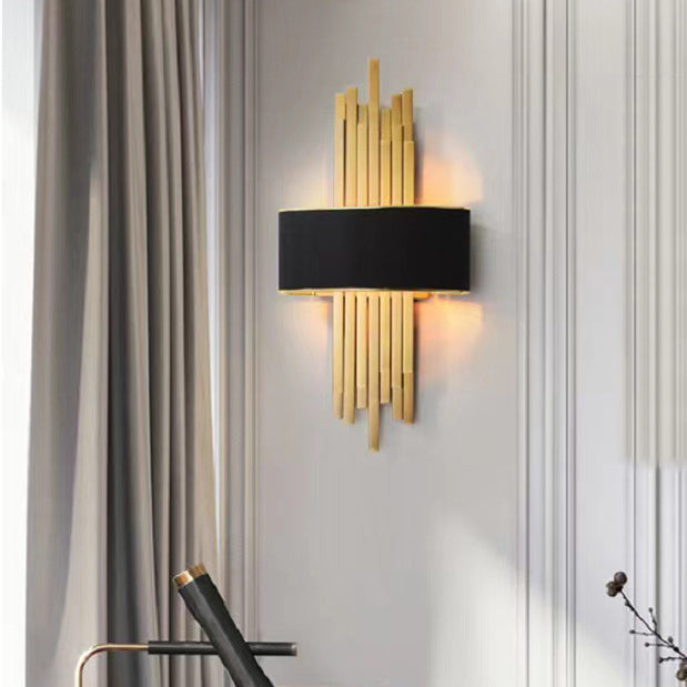 Modern Luxury Iron Straight Line Fabric Cylinder Shade 2-Light Wall Sconce Lamp For Living Room