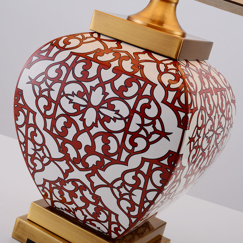 Modern Chinese Red Auspicious Ceramic  Fabric 1-Light Table Lamp