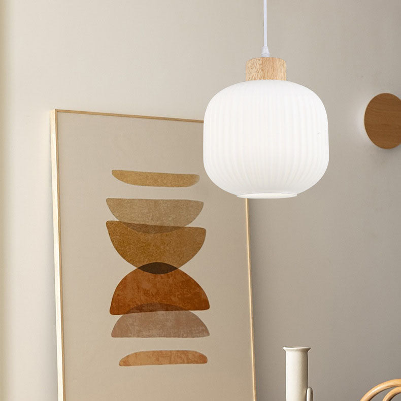 Modern Minimalist Striped Glass Rubberwood Oval Jar 1-Light Pendant Light for Living Room