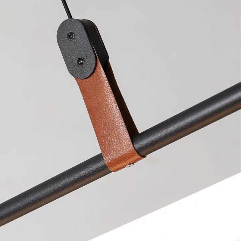 Moderner minimalistischer langer Streifen aus Eisen, Acryl und Kunstleder, LED-Insel-Leuchter für Wohnzimmer und Esszimmer 