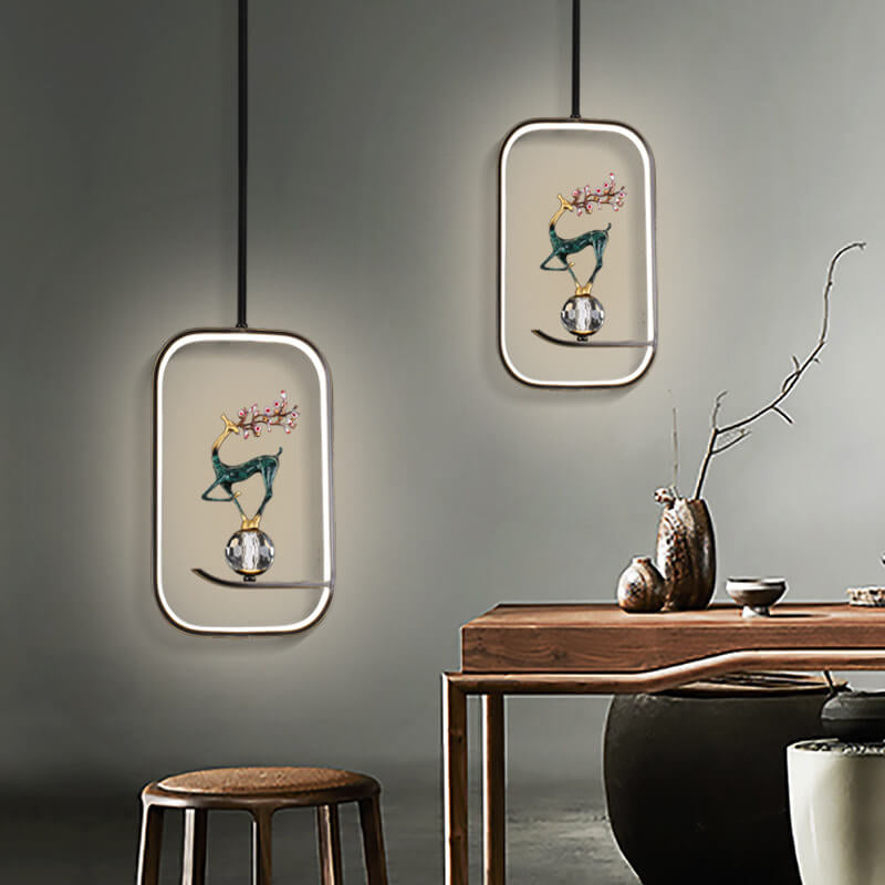 Lustre LED suspendu moderne chinois carré rond anneau prunier cerf 