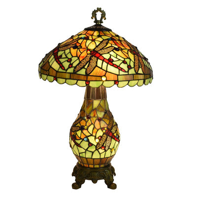 European Tiffany Green Dragonfly Oval Base 3-Light Table Lamp
