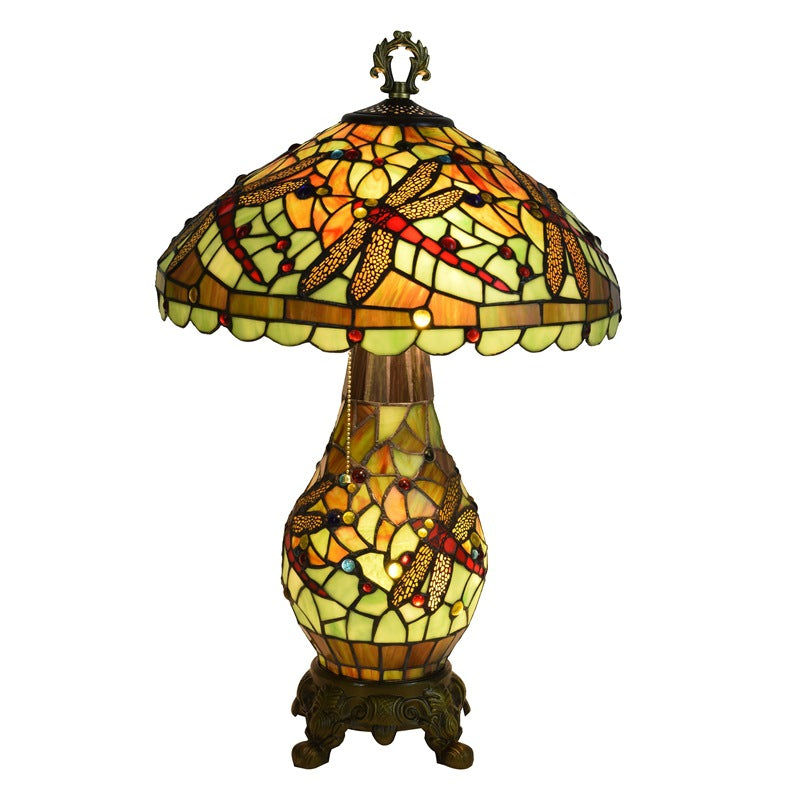 Lampe de table à 3 lumières avec base ovale et libellule verte Tiffany européenne 