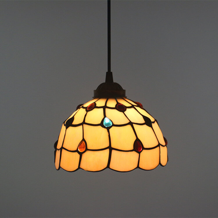 Tiffany European Gemstone Stained Glass Round 1-Light Pendant Light