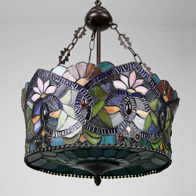 European Tiffany Flower Leaf Stained Glass 3-Light Chandelier