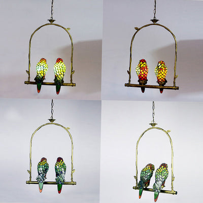 Tiffany Chinese Vintage Glass Parrot LED Pendant Light