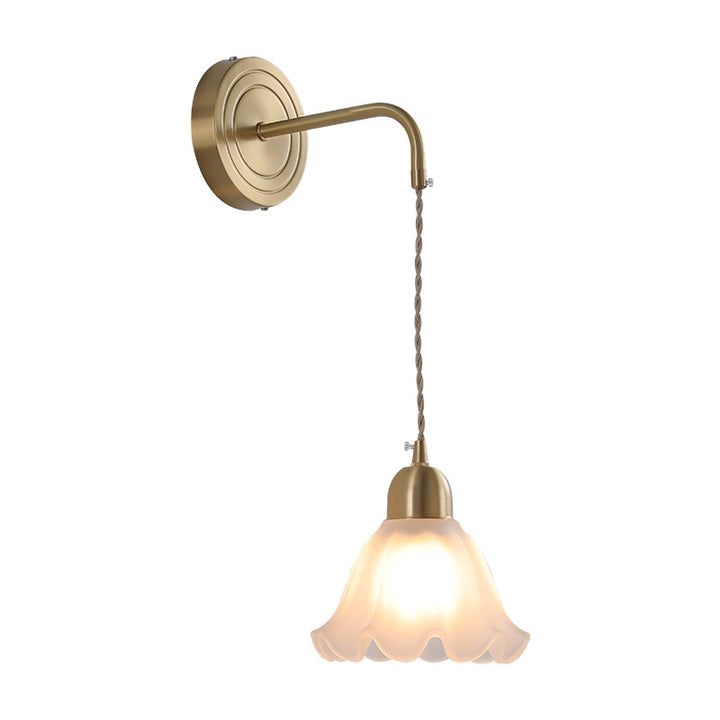 Moderne nordische 1-flammige Wandleuchte aus Glas in Blumenblatt-Optik und Kupfer für das Schlafzimmer 
