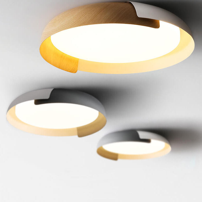 Minimalist Round Bowl Wood Grain LED Flush Mount Ceiling Light