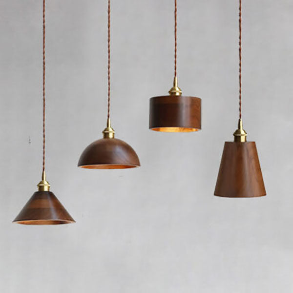 Japanese Vintage Walnut Brass Dome 1-Light Pendant Light