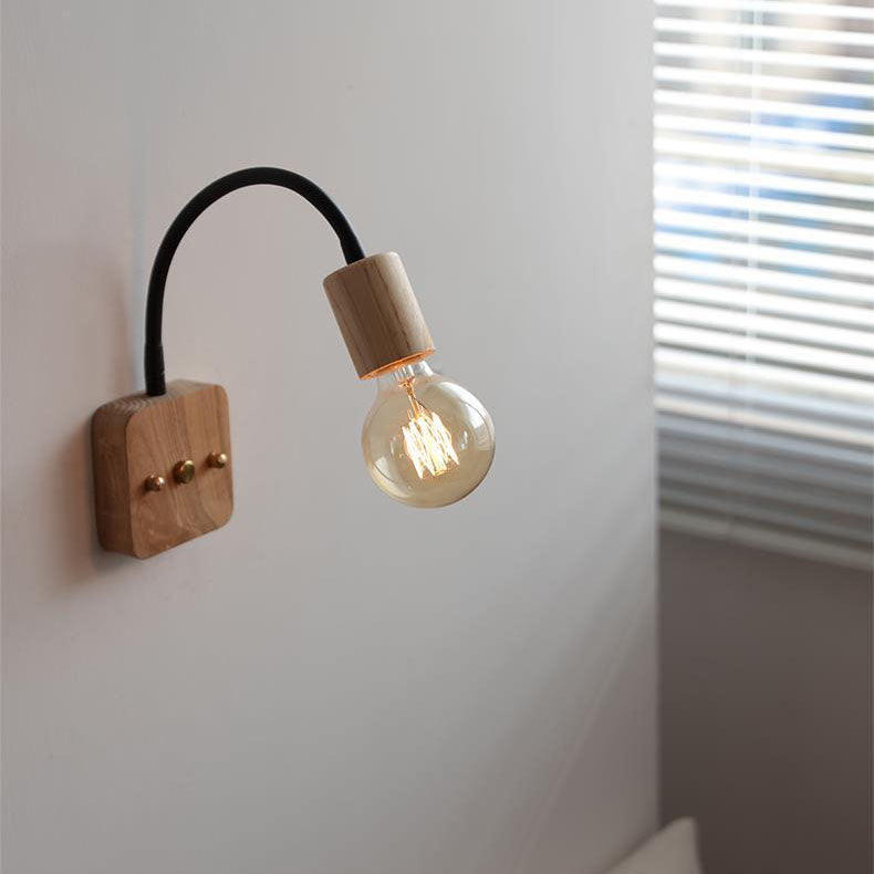 Contemporary Industrial Walnut Oak Wood Hose Adjustable 1-Light Wall Sconce Lamp For Living Room &amp; Bedroom