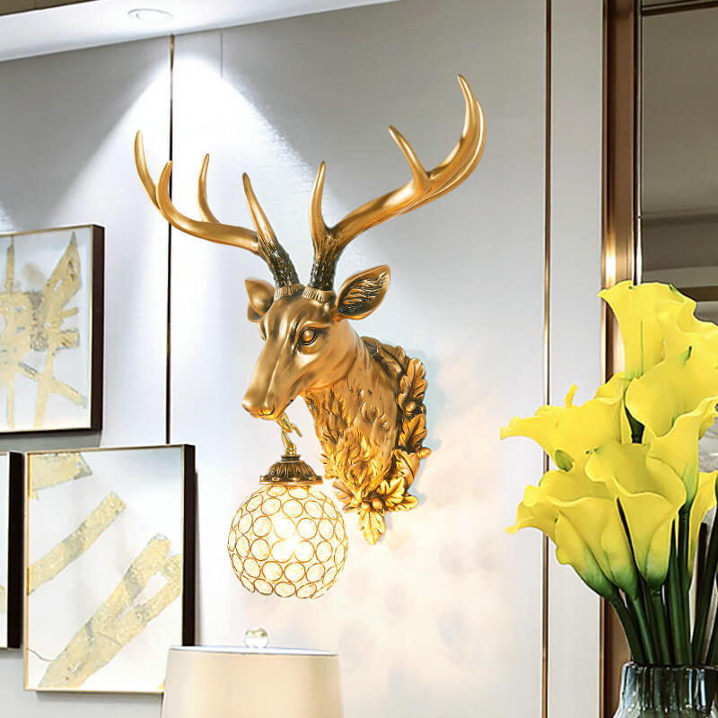 Applique murale européenne rétro à tête de cerf en résine à 1 lumière 