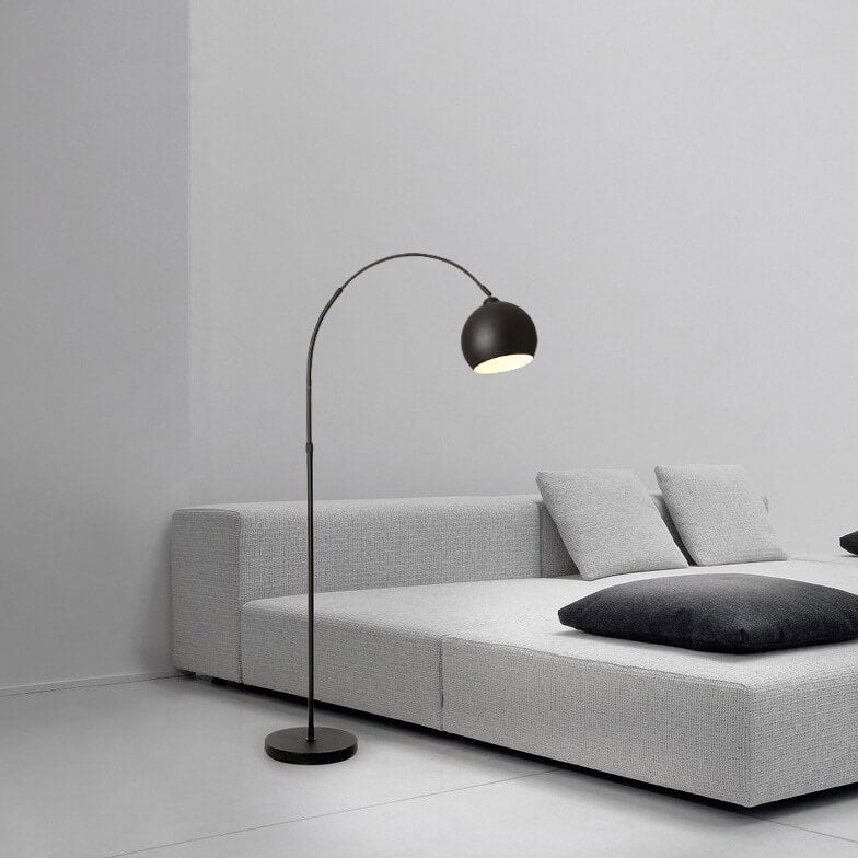 Moderne nordische Stehlampe aus Edelstahl und Eisen in Angelruten-Optik mit kuppelförmigem Rundschirm, 1-flammig, für das Schlafzimmer 