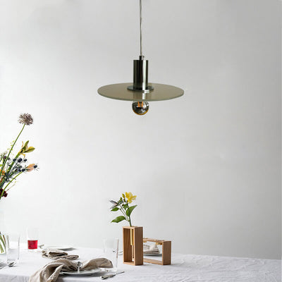 Nordic Minimalist Green Glass Flat Round Disc LED Pendant Light