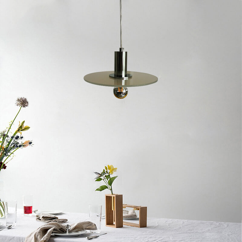Nordic Minimalist Green Glass Flat Round Disc LED Pendant Light