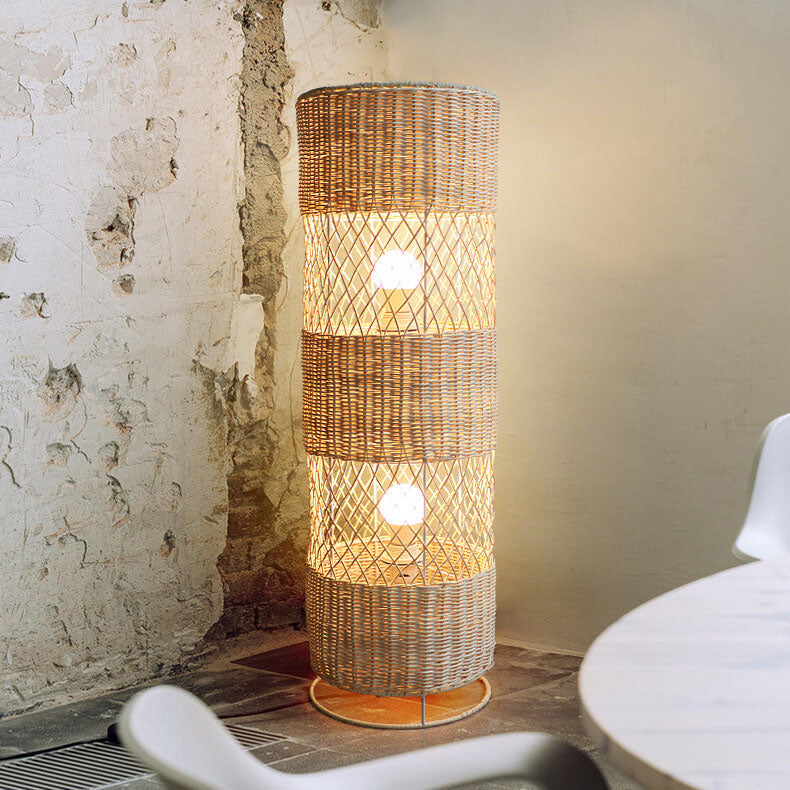 Minimalist Rattan Weaving Round Column 1/2 Light Standing Floor Lamp