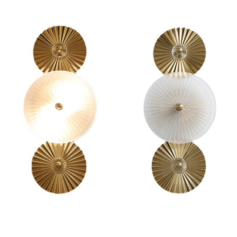 Moderna lámpara de aplique de pared de 2 luces con pantalla de vidrio de disco y herrajes plisados de lujo para dormitorio 