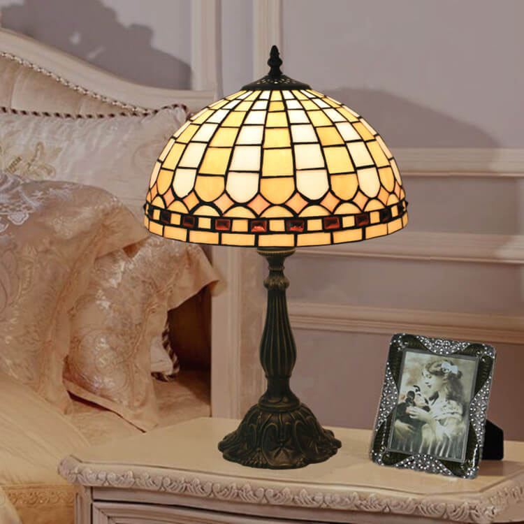 Lampe de Table à Dôme en Verre Coloré Jaune à Carreaux Tiffany Européenne à 1 Lumière 