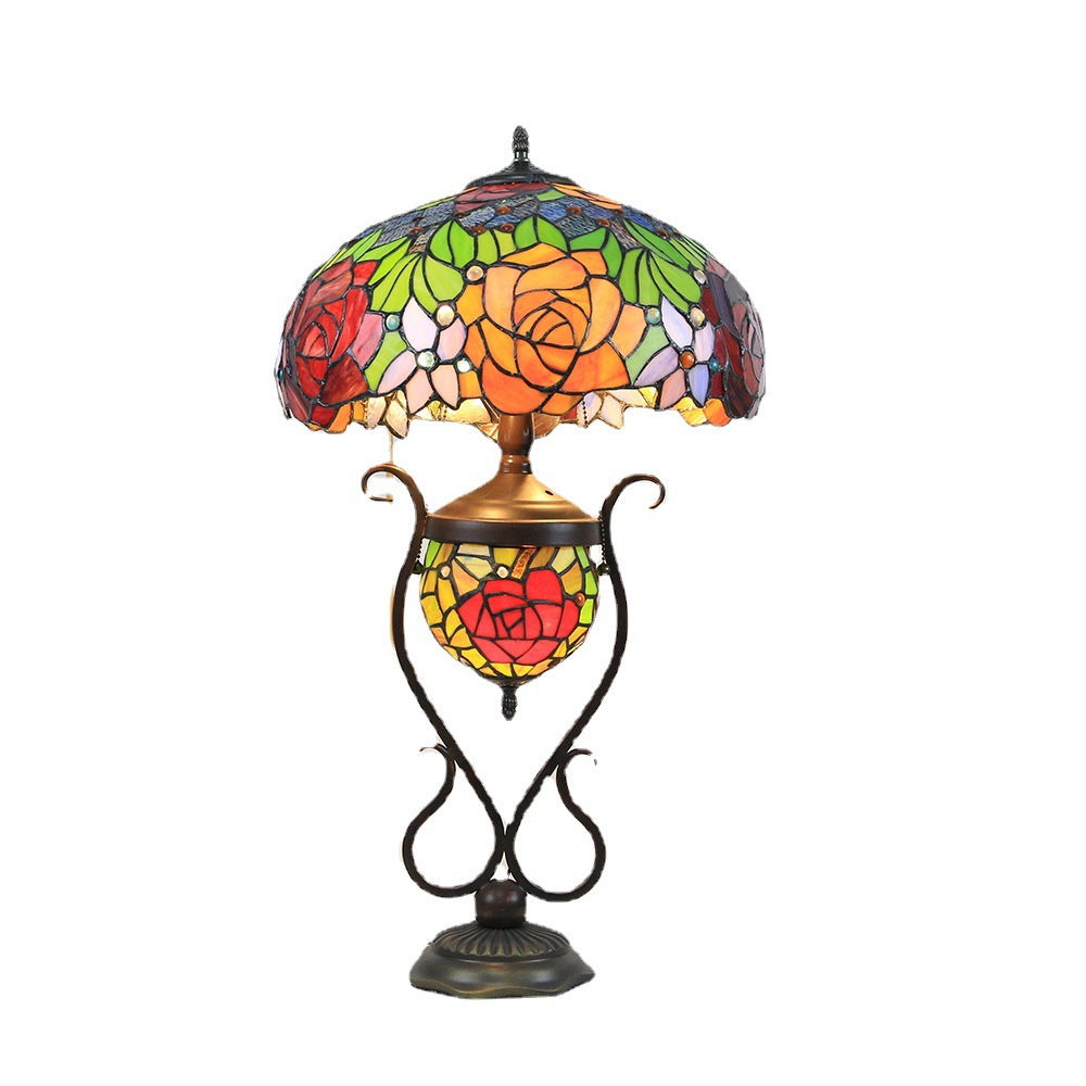 Traditional Tiffany Floral Stained Glass Iron Resin Round Pot 3-Light Table Lamp For Bedroom