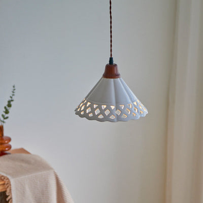 Japanese Minimalist Funnel-Shaped Hollow Ceramic 1-Light Pendant Light