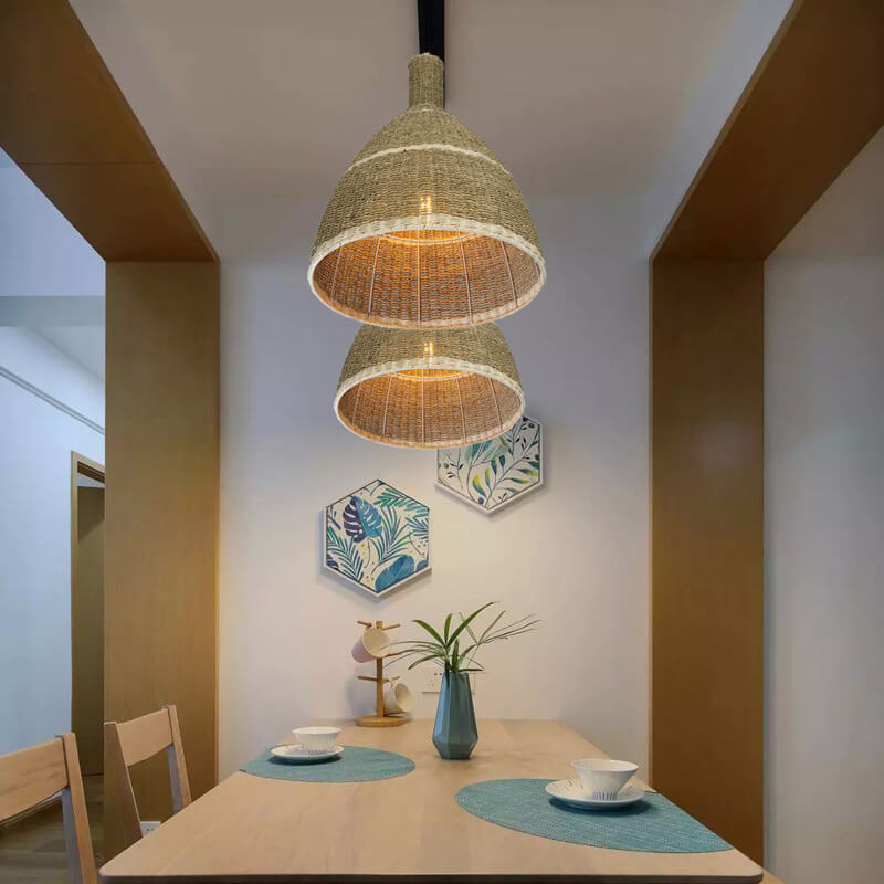 Contemporary Coastal Watercress Rope Rattan Weaving Dome 1-Light Pendant Light For Living Room