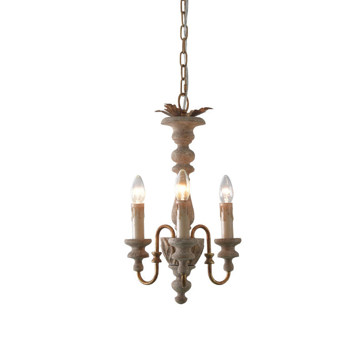 Traditional French Solid Wooden Iron Candle Holder 3-Light Chandelier for Living Room
