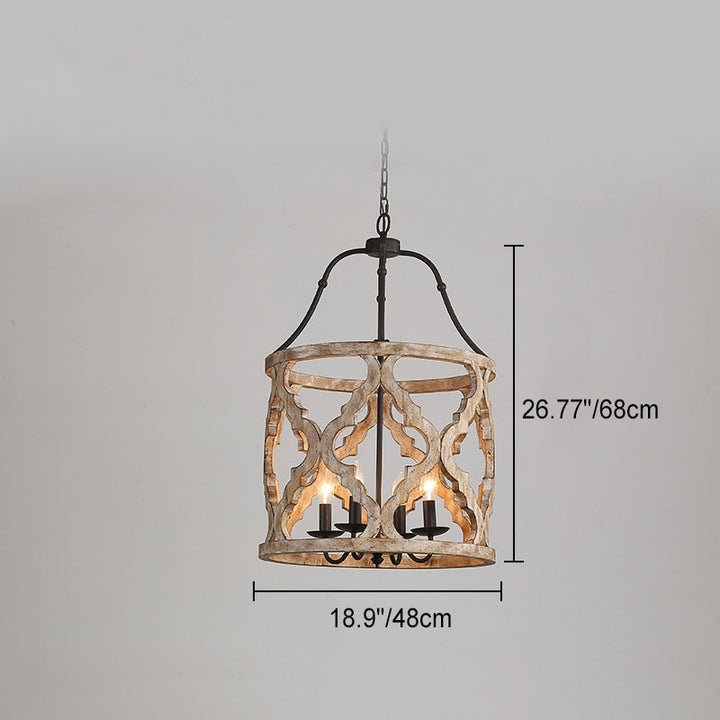 Lámpara de araña tradicional vintage de madera maciza y hierro con jaula cilíndrica hueca de 4 luces para sala de estar 