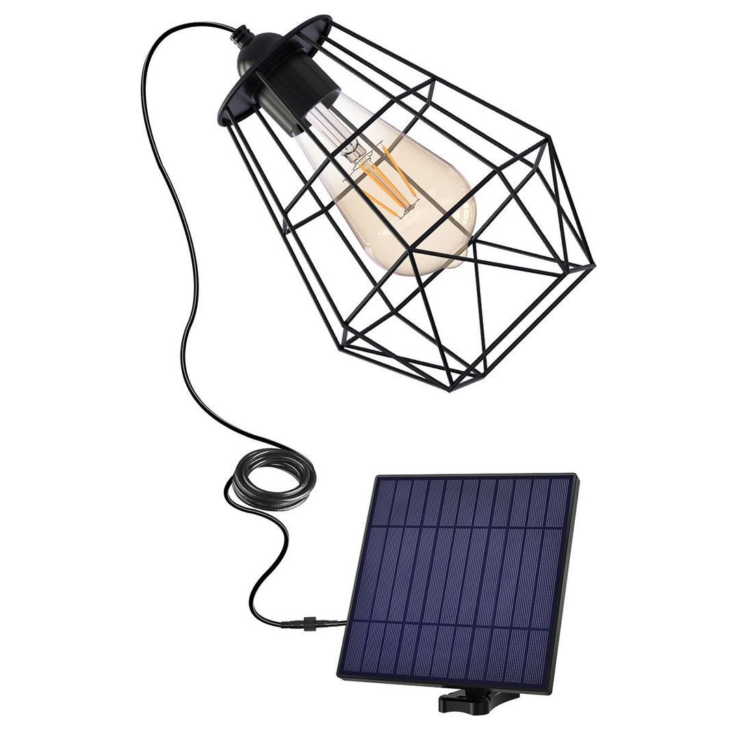 Lámpara colgante LED solar de exterior para patio, con diseño moderno minimalista de jaula geométrica en acero inoxidable y ABS 