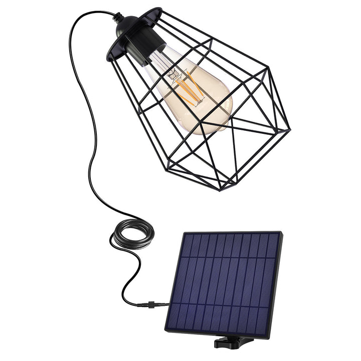 Lámpara colgante LED solar de exterior para patio, con diseño moderno minimalista de jaula geométrica en acero inoxidable y ABS 