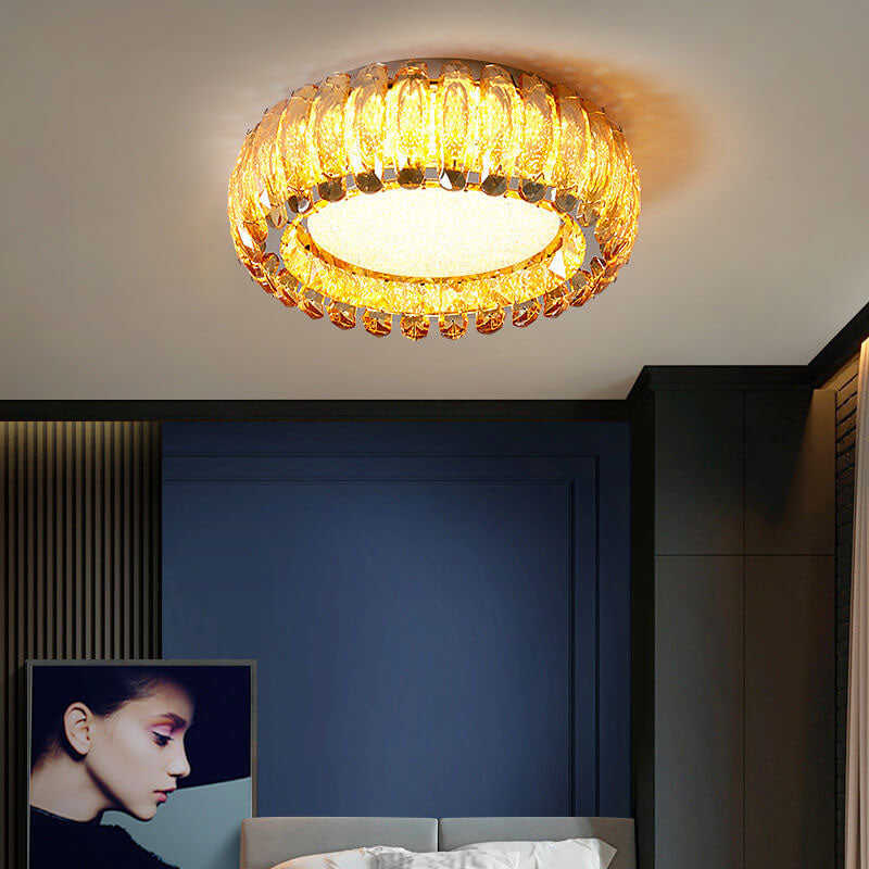 European Light Luxury Round Crystal Stainless Steel LED Flush Mount Lighting