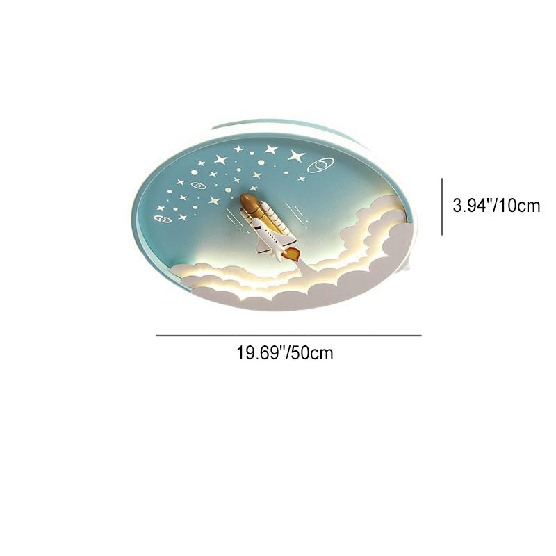 Contemporary Creative Cartoon Rocket Unicorn Acrylic Round Shade LED Kids Flush Mount Ceiling Light For Bedroom