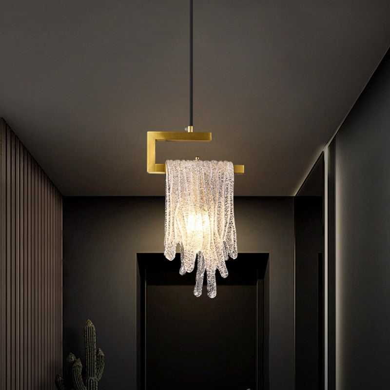 Contemporary Creative Imitation Ice Hanging Glass Tassel Design Brass Frame 1-Light Pendant Light For Living Room