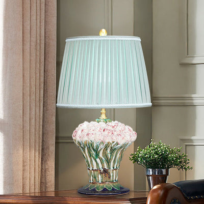 European Idyllic Green Pleated Fabric Ceramic Base 1-Light Table Lamp