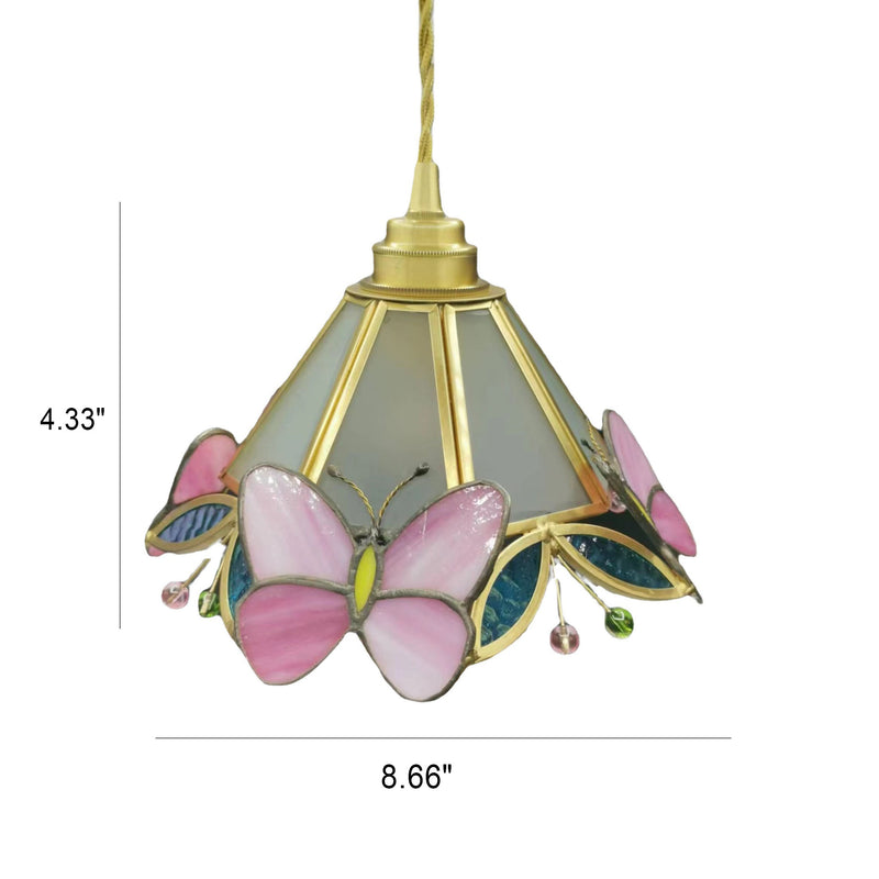 Japanese Nordic Brass Butterfly Stained Glass Cone 1-Light Pendant Light