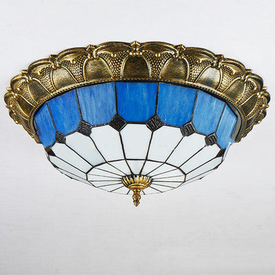 Tiffany Mediterranean Stained Glass Round LED Flush Mount Ceiling Light