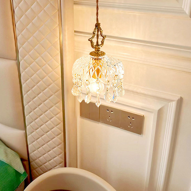 Moderne Art Deco Messing kariert Glas Schatten Kristall Perlen 1-Licht Pendelleuchte für Wohnzimmer 