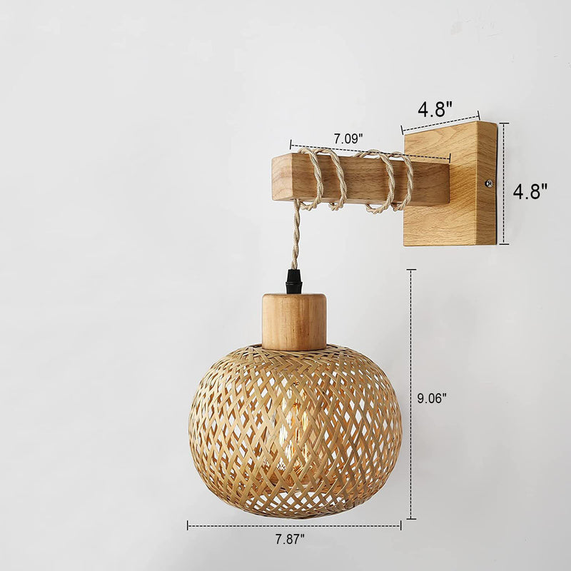 Japanese Vintage Round Head Rattan Weaving 1-Light Wall Sconce Lamp