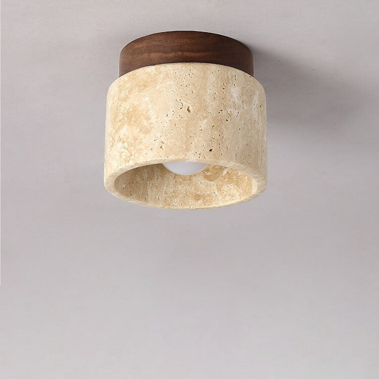 Japanese Minimalist Round Yellow Travertine Shade 1-Light Semi-Flush Mount Ceiling Light