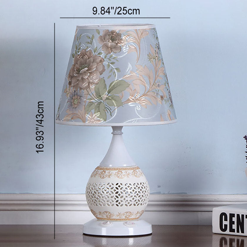 Traditional Chinese Ceramic Fabric Floral Cone 1-Light Table Lamp For Living Room &amp; Bedroom