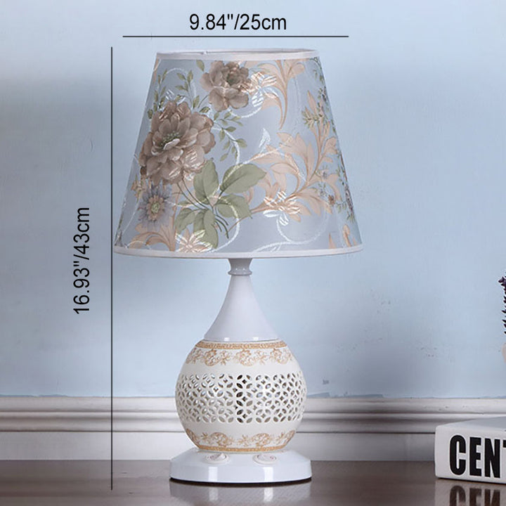 Traditional Chinese Ceramic Fabric Floral Cone 1-Light Table Lamp For Living Room &amp; Bedroom